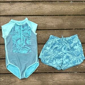 Athleta Blue Rashguard Swim Set, One Piece and Swim Shorts, Sz 12 / L - Tropical